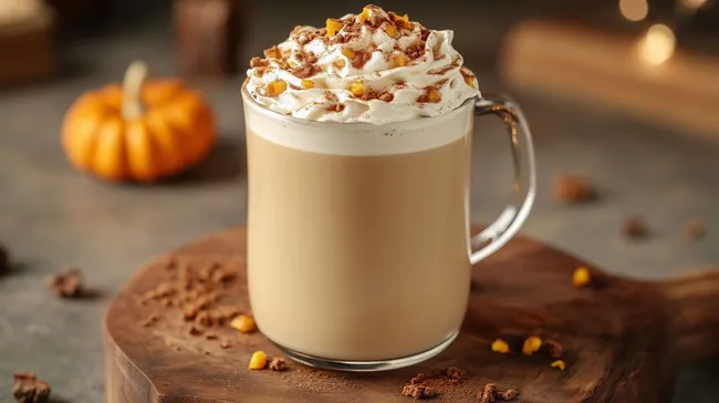 Dekorativer Pumpkin-Spice-Latte mit Sahne und Zimt