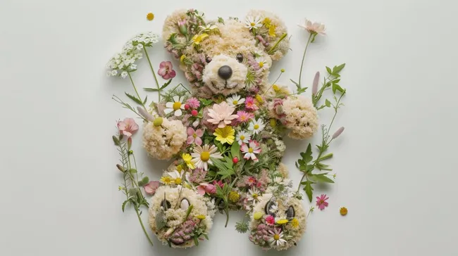 Dekorativer Teddybär aus bunten Blumen