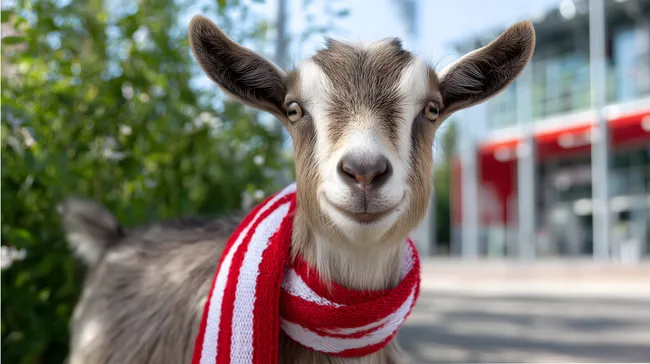 Dekorativer Ziegen-Porträt mit Schal vor Vereinsgebäude