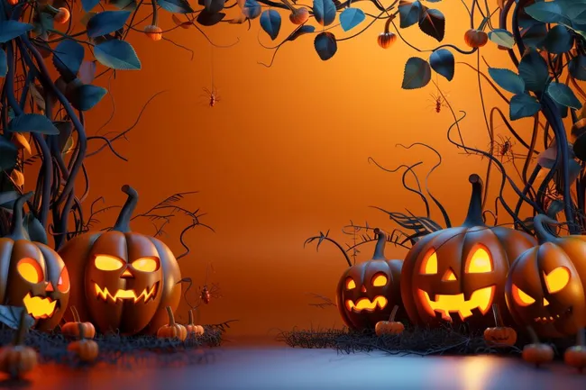 Dekoratives Halloween-Kürbisset vor orangefarbenem Hintergrund