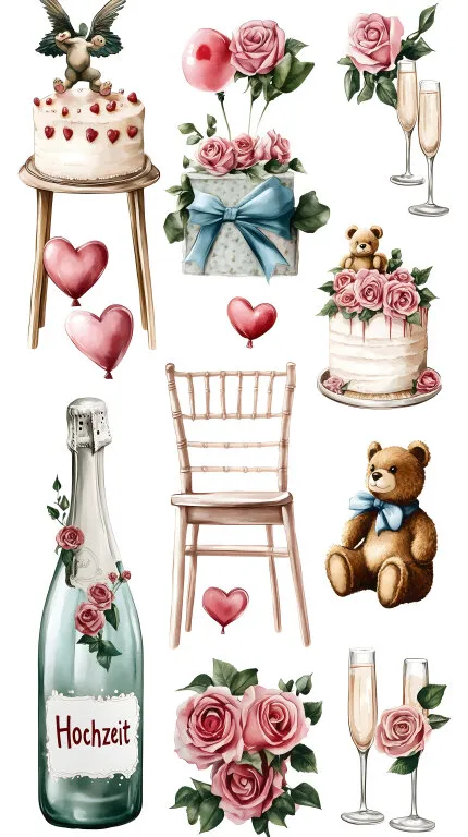 Dekoratives Hochzeitsarrangement mit Torten, Rosen und Champagner