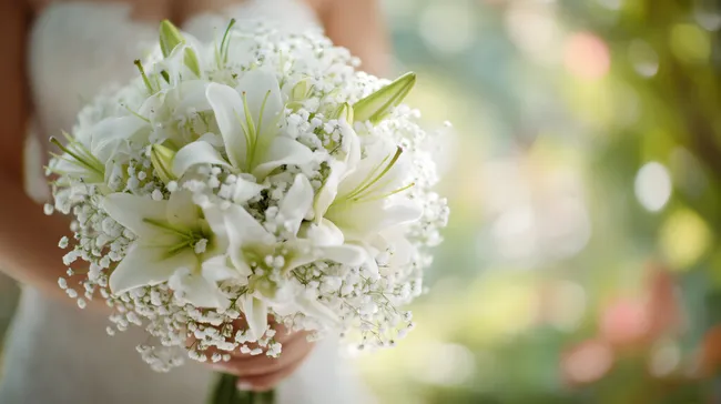 Dekoratives Hochzeitsstrauß aus weißen Lilien und Schleierkraut