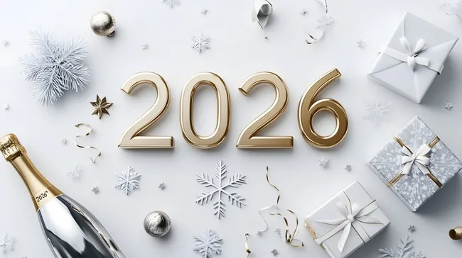 Dekoratives Neujahr 2026 Motiv mit Geschenken und Champagnerflasche