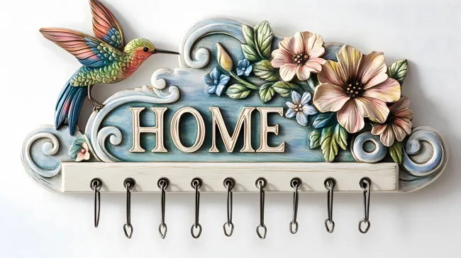 Dekoratives Schlüsselbrett mit Blumen und Kolibri
