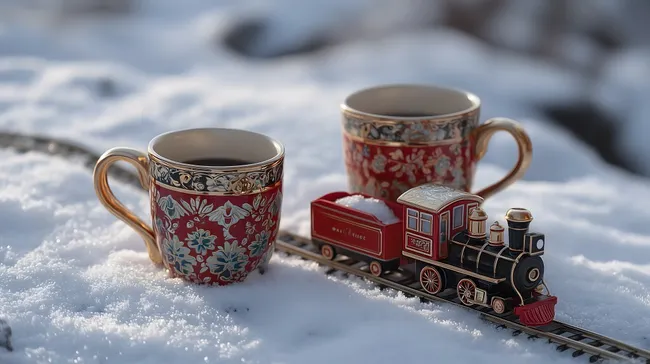 Dekoratives Teeservice und Spielzeugzug im Winterschnee