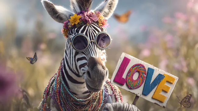 Dekoratives Zebra mit Blumenkranz und Liebesschild