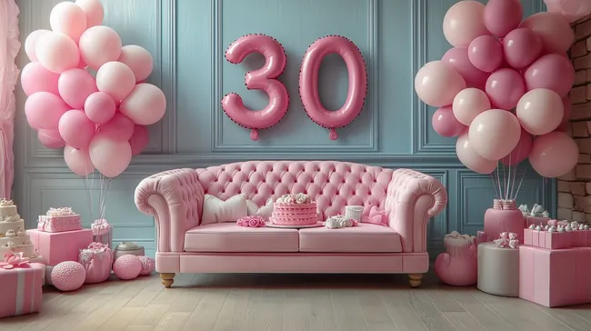 Dekorierte 30. Geburtstagsfeier in Rosa und Pastelltönen