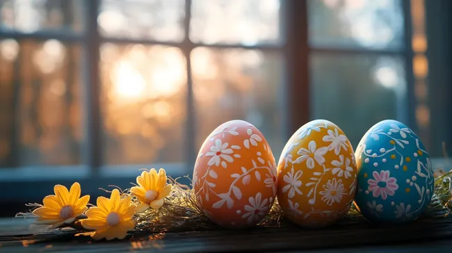 Dekorierte Ostereier mit Blumenmustern in warmer Stimmung