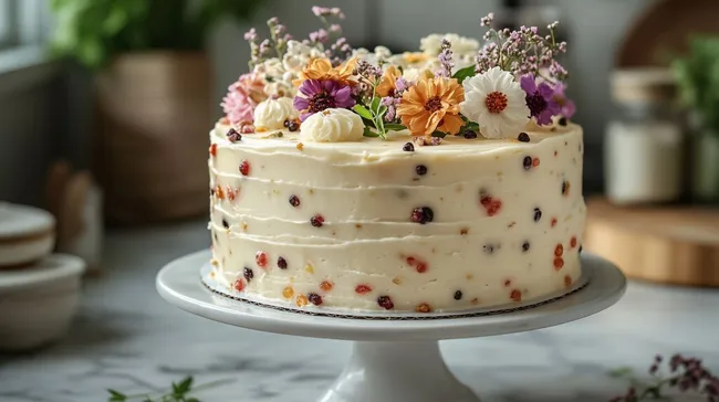 Dekorierte Sahnetorte mit Beeren und Blumen