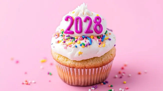 Dekorierter Geburtstagscupcake mit 2028-Schriftzug