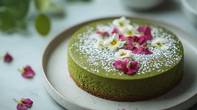 Dekorierter, grüner Matcha-Kuchen mit Blüten
