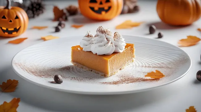 Dekorierter Kürbiskuchen mit Sahne und Zimt