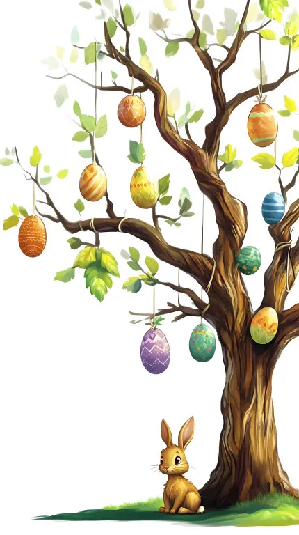 Dekorierter Osterbaum mit bunten Eiern und Hasen