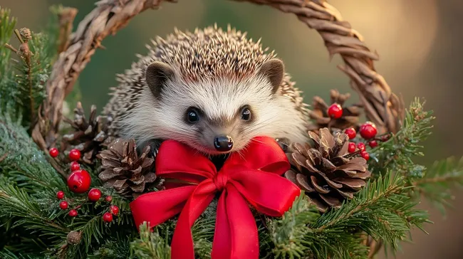 Dekorierter Weihnachtskranz mit possierlichem Igel