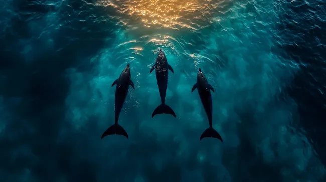 Delfine im Ozean bei Sonnenuntergang