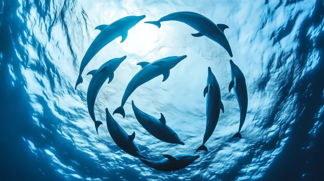 Delfine schwimmen in kreisförmiger Formation im Ozean