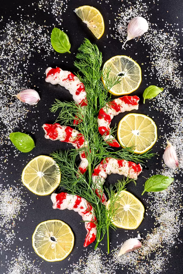 Delicious and healthy seafood concept-shrimp and spices, top view