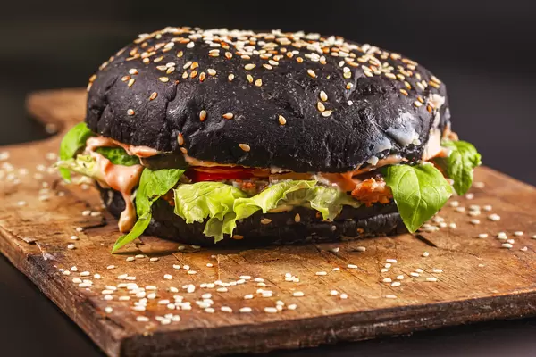 Delicious black hamburger with squid ink