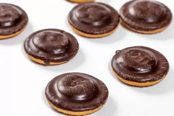Delicious cookies with marmalade and chocolate icing