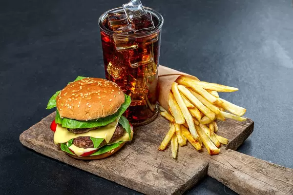 Delicious junk food-Burger, iced drink and fries (Flip 2019)