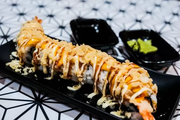 Delicious shrimp sushi served with wasabi