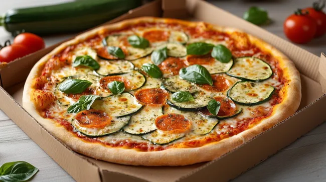 Delikate Gemüsepizza mit Zucchini in Pizzakarton