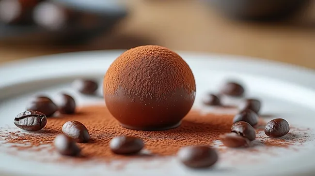 Delikate Mousse-Kugel mit Kakaopulver garniert