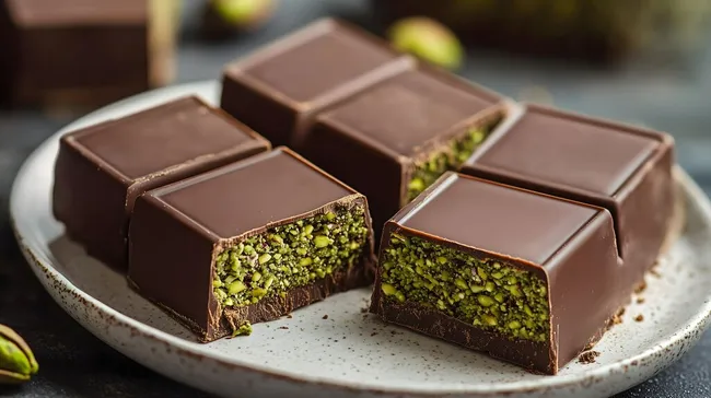 Delikate Schokoladenquadrate mit knusprigen Pistazien