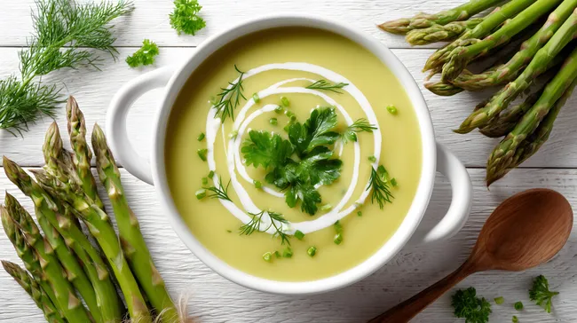 Delikate Spargelsuppe mit frischem Gemüse