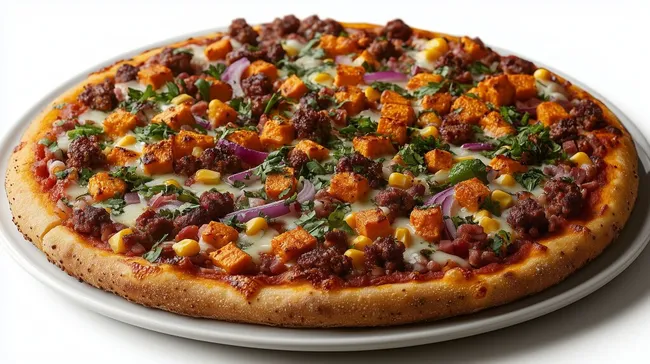 Delikate Süßkartoffel-Pizza mit Käse und Mais