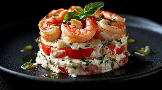 Delikater Garnelen-Tomatensalat in rustikaler Anrichtung