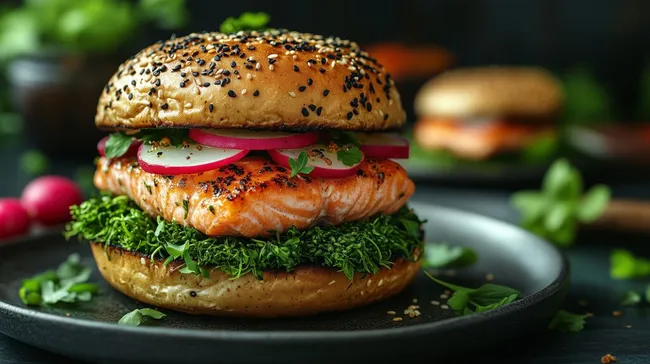 Delikater Lachsburger mit Sesamsemmel und frischem Grün
