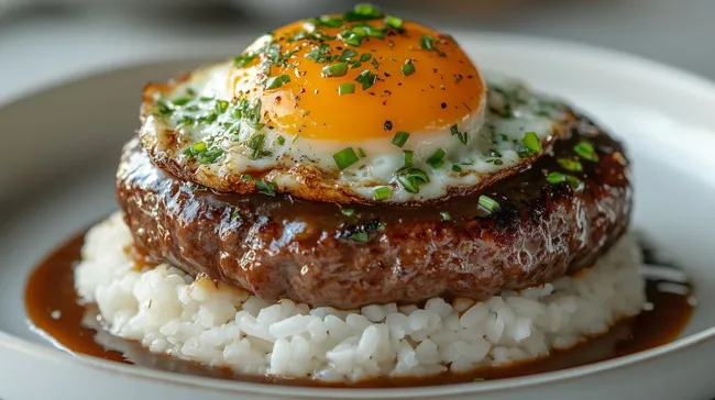 Delikater Loco Moco mit Spiegelei auf Reis