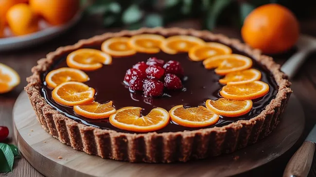 Delikater Schokoladen-Orangen-Obstkuchen mit Erdbeeren