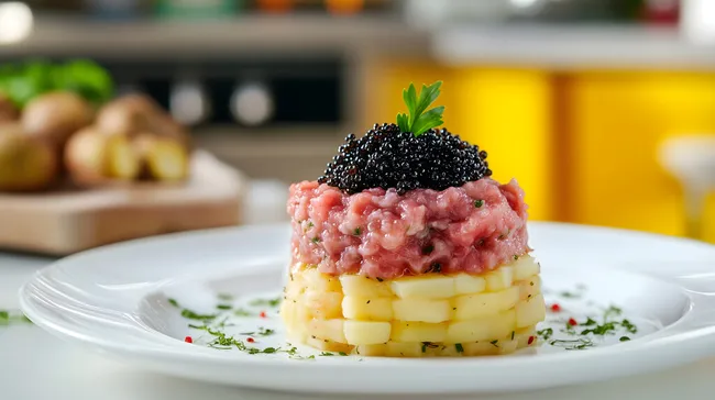 Delikater Teller mit Tatar, Kartoffeln und Kaviar
