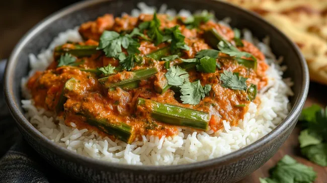 Delikates indisches Curry-Gericht mit Okra und Reis