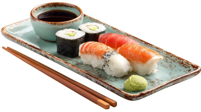 Delikates japanisches Sushi-Arrangement auf Platte