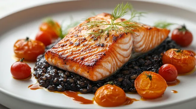 Delikates Lachsfilet mit Schwarzem Risotto und Beilagen