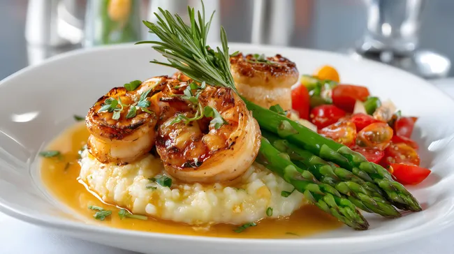 Delikates Meergericht mit Garnelen, Spargel und Soße