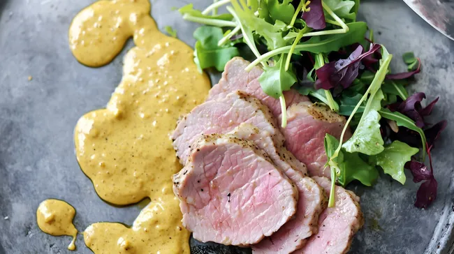 Delikates Schweinefilet mit Senfsauce und Blattsalat