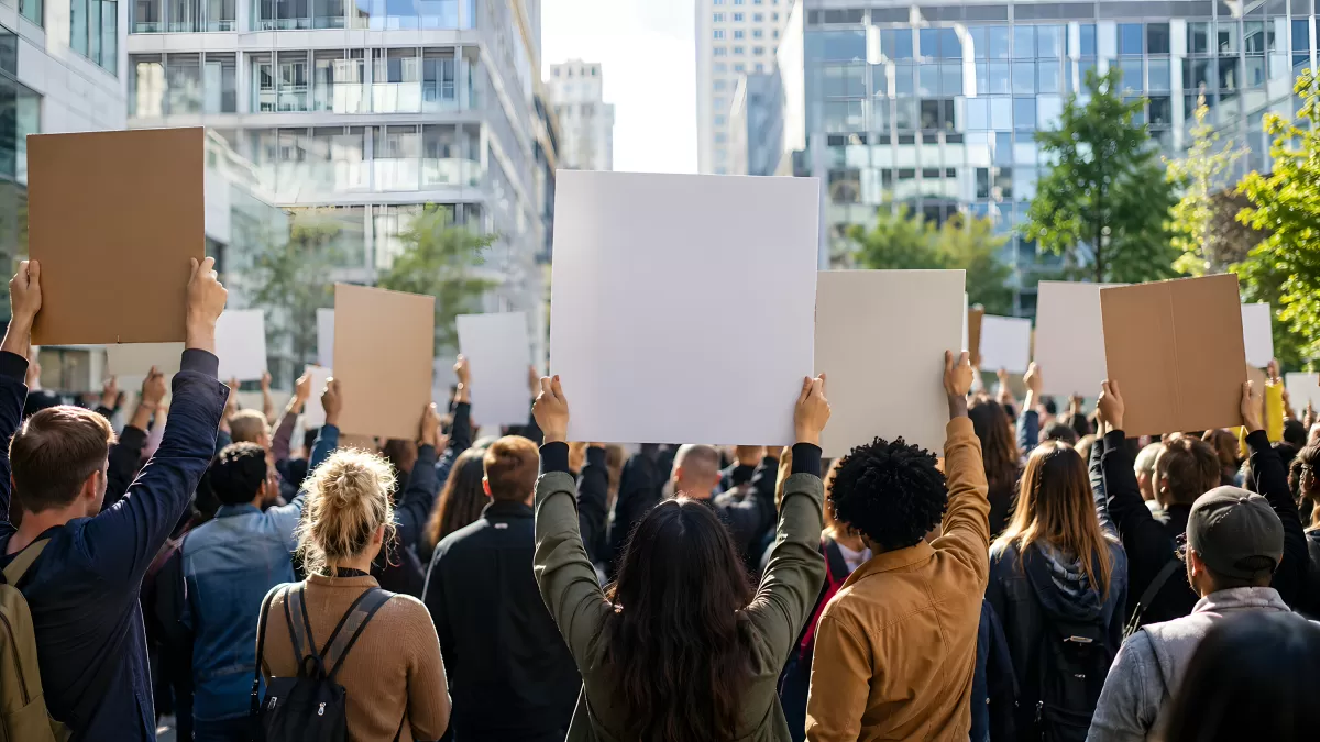 Demonstration in der Stadt mit leeren Schildern