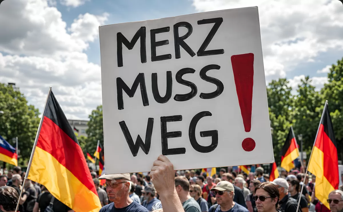 Demonstration mit Schild Merz muss weg in Deutschland