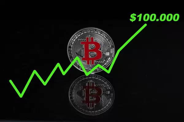 Der Bitcoin-Wert steigt auf 100.000$ - Bitcoin-Münze mit einer steigenden grünen Linie