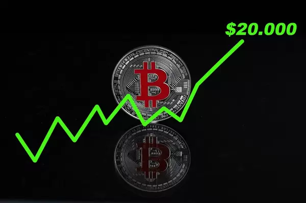 Der Bitcoin-Wert steigt auf 20.000$ - Bitcoin-Münze mit einer steigenden grünen Linie