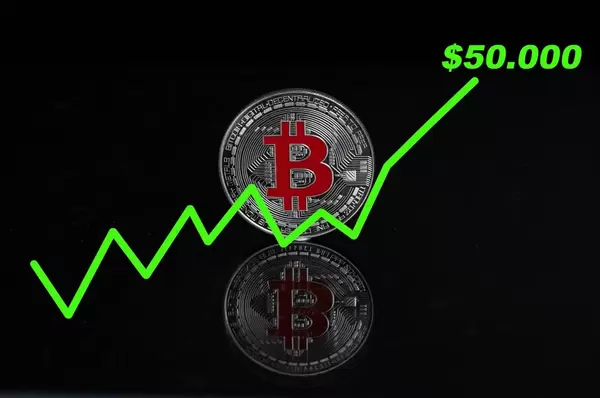 Der Bitcoin-Wert steigt auf 50.000$ - Bitcoin-Münze mit einer steigenden grünen Linie