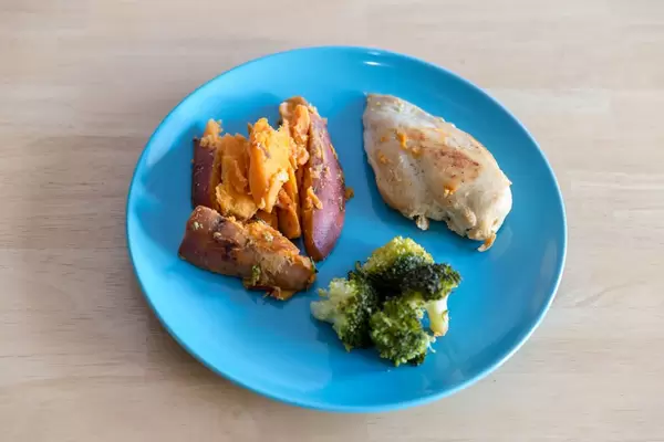 Der Inhalt einer Meal Prep Fertigmahlzeit Abnehm-Box mit Hühnerbrust, Broccoli und Süßkartoffeln auf einem blauen Teller