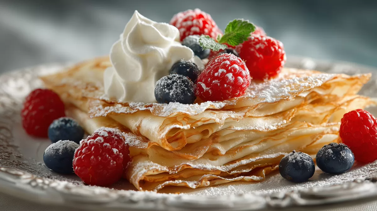 Der perfekte Crêpe-Stapel mit Beeren und Sahne