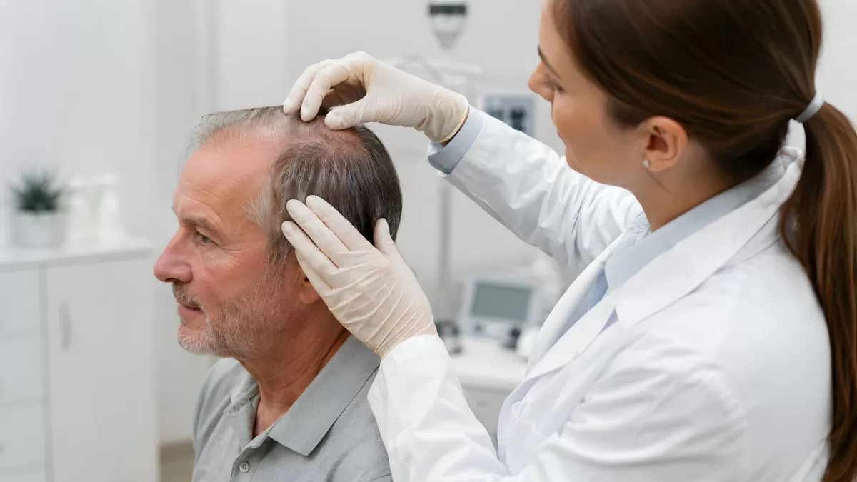 Dermatologin untersucht Haarausfall bei älterem Mann