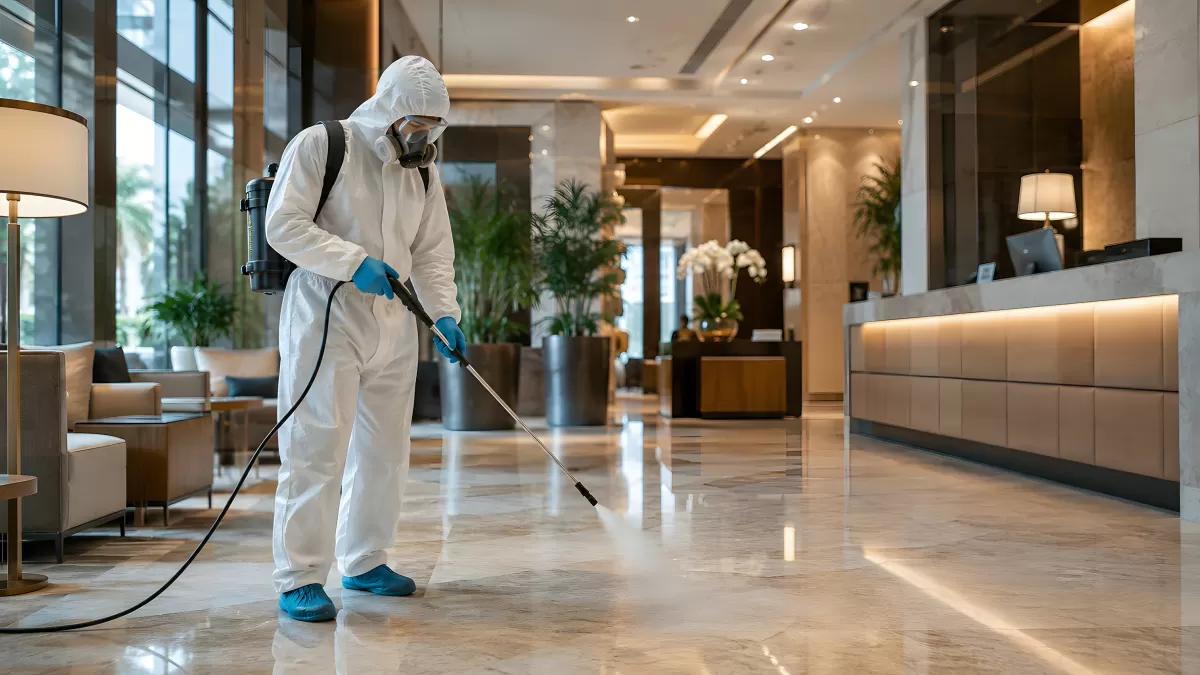 Desinfektion eines Hotelfoyers durch Schutzanzug-Träger
