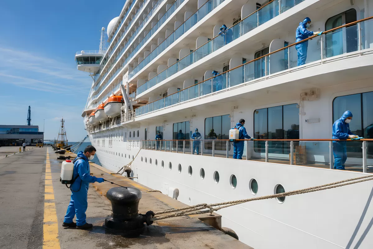 Desinfektion eines Kreuzfahrtschiffs im Hafen